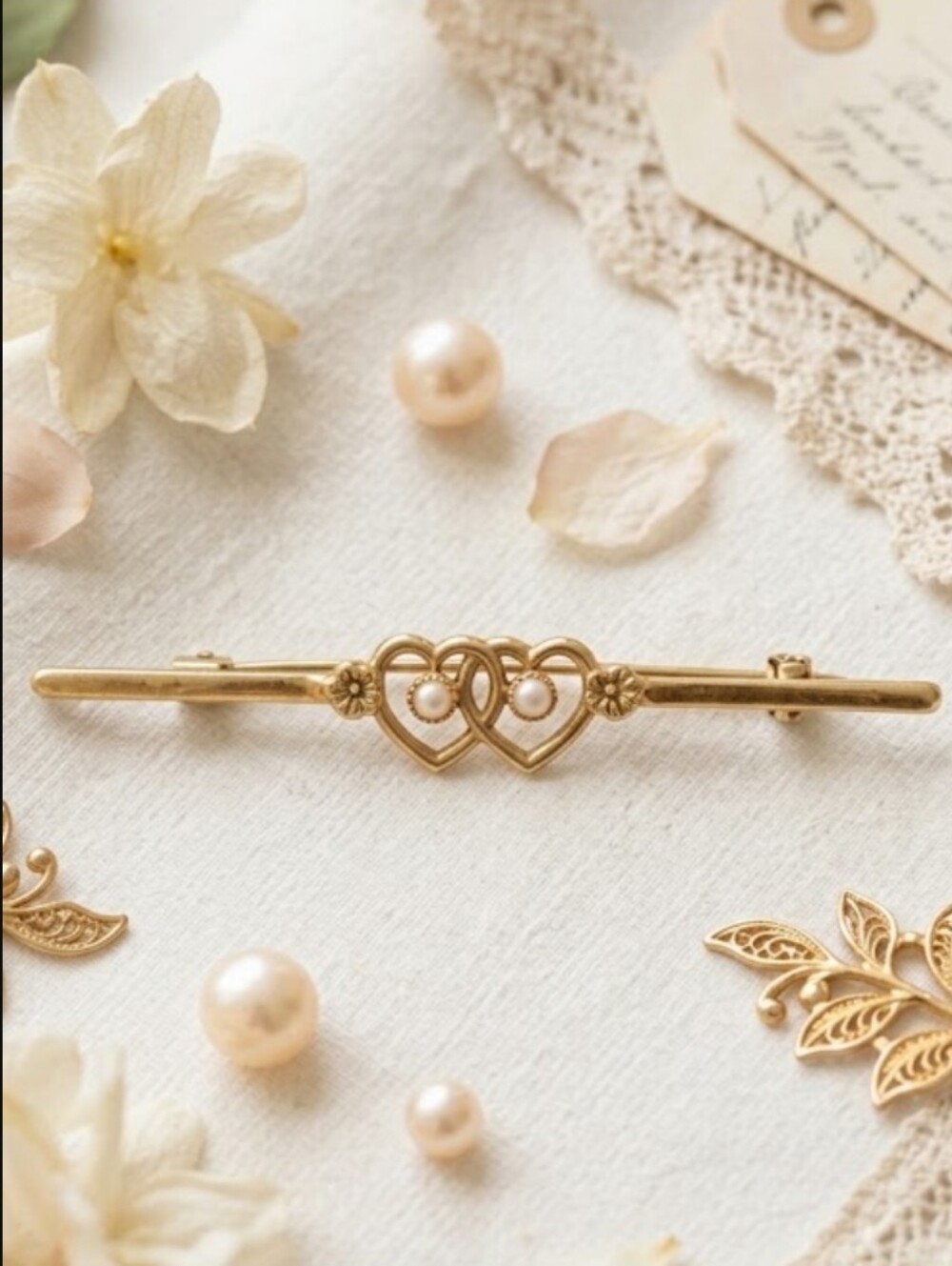 Gold Double Hearts Brooch on a bar with Pearl Centers and Dainty Flowers